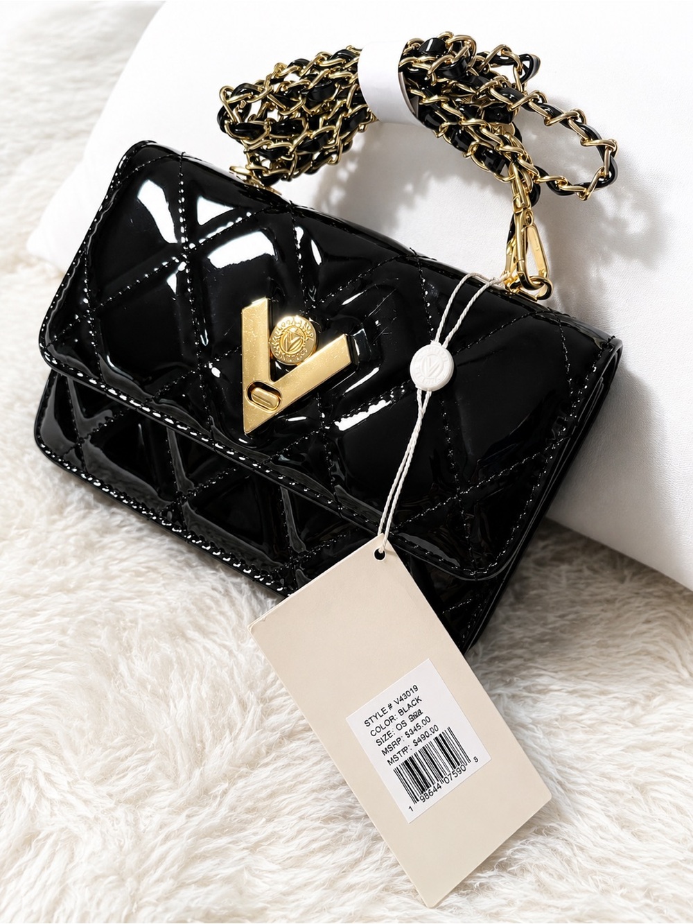 NWT Valentino Orlandi Black Quilted Patent Shoulder Bag with Gold Chain